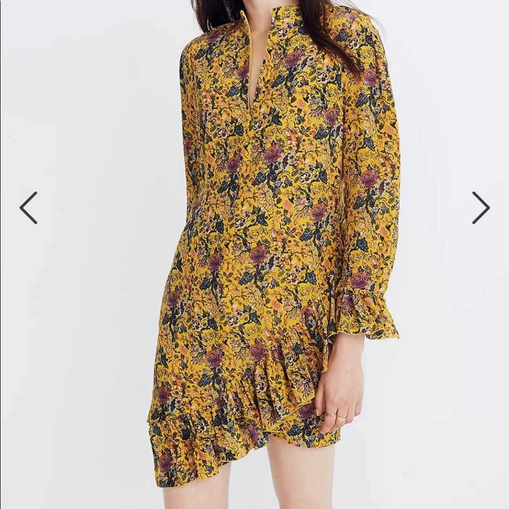 Madewell Yellow Floral Ruffle Hem Long Sleeve Dress